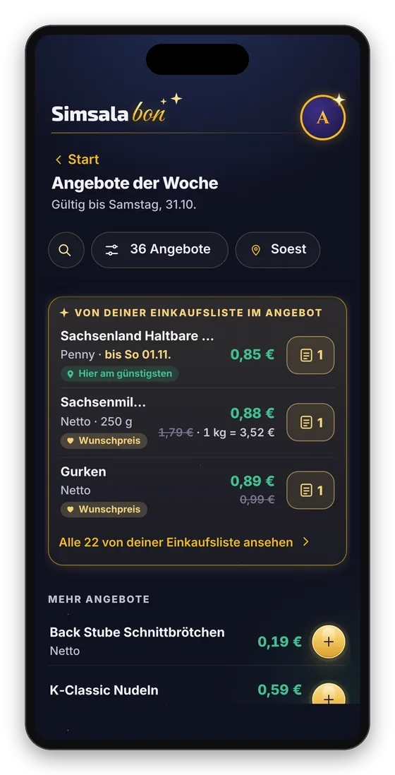 Angebote der Woche, passend zur Einkaufsliste