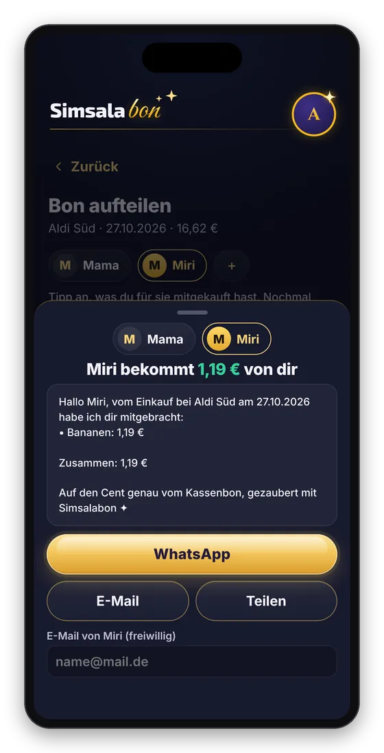 Fertige Nachricht an Miri mit WhatsApp, E-Mail und Teilen