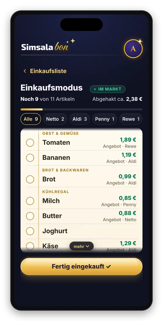 Einkaufszettel im Markt zum Abhaken, sortiert nach Abteilungen