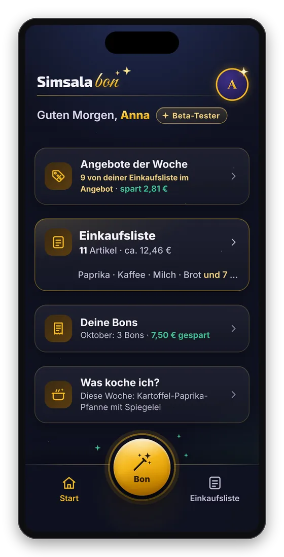 Startseite mit Angeboten der Woche, Einkaufsliste, deinen Bons und Was koche ich?